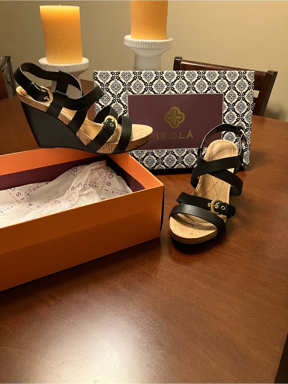 Isola Black Strappy Cork-Effect Wedge Sandals